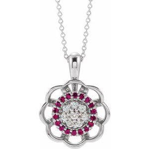 1/6 Ctw Natural Diamond And Natural Ruby Halo-Style Cluster Necklace