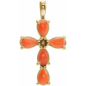 14K Yellow Natural Pink Coral Cabochon Cross Pendant