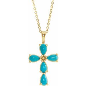 14K Yellow Natural Turquoise Cabochon Cross 16-18″ Necklace