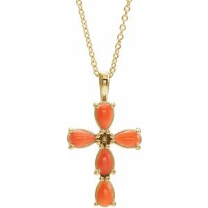 14K Yellow Natural Pink Coral Cabochon Cross 16-18″ Necklace