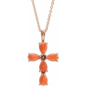 14K Rose Natural Pink Coral Cabochon Cross 16-18″ Necklace