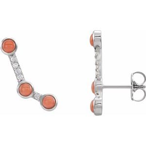 Natural Pink Coral And .01 Ctw Natural Diamond Ear Climbers