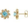 14K Yellow Natural Blue Zircon & 1/6 CTW Natural Diamond Halo-Style Earrings