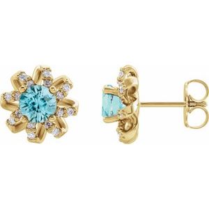 Natural Blue Zircon Earrings With Natural Diamond Accents