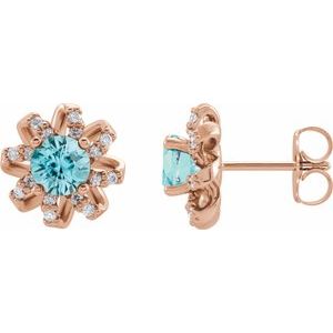 Natural Blue Zircon Earrings With Natural Diamond Accents