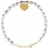 14K Yellow Cultured White Freshwater Pearl & Heart 7-8″ Bracelet