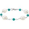 Sterling Silver Cultured White Freshwater Pearl & Natural Turquoise Station 7 1/2″ Bracelet