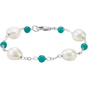 Cultured White Freshwater Pearl And Natural Turquoise Bracelet