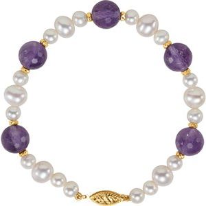 Natural Amethyst And Cultured White Freshwater Pearl Bracelet