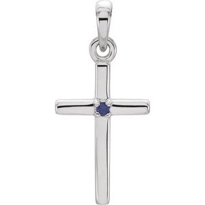 14K White Natural Blue Sapphire Cross Pendant