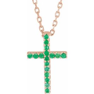 14K Rose Natural Emerald Petite Cross 16″ Necklace