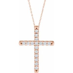 14K Rose 1 CTW Lab-Grown Diamond French-Set Cross 16-18″ Necklace