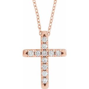 14K Rose 1/5 CTW Lab-Grown Diamond French-Set Cross 16-18″ Necklace